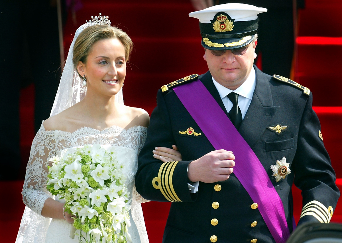 Prince Laurent and Princess Claire of Belgium are pictured on their wedding day in Brussels, April 12, 2003 (Scott Barbour/Getty Images)