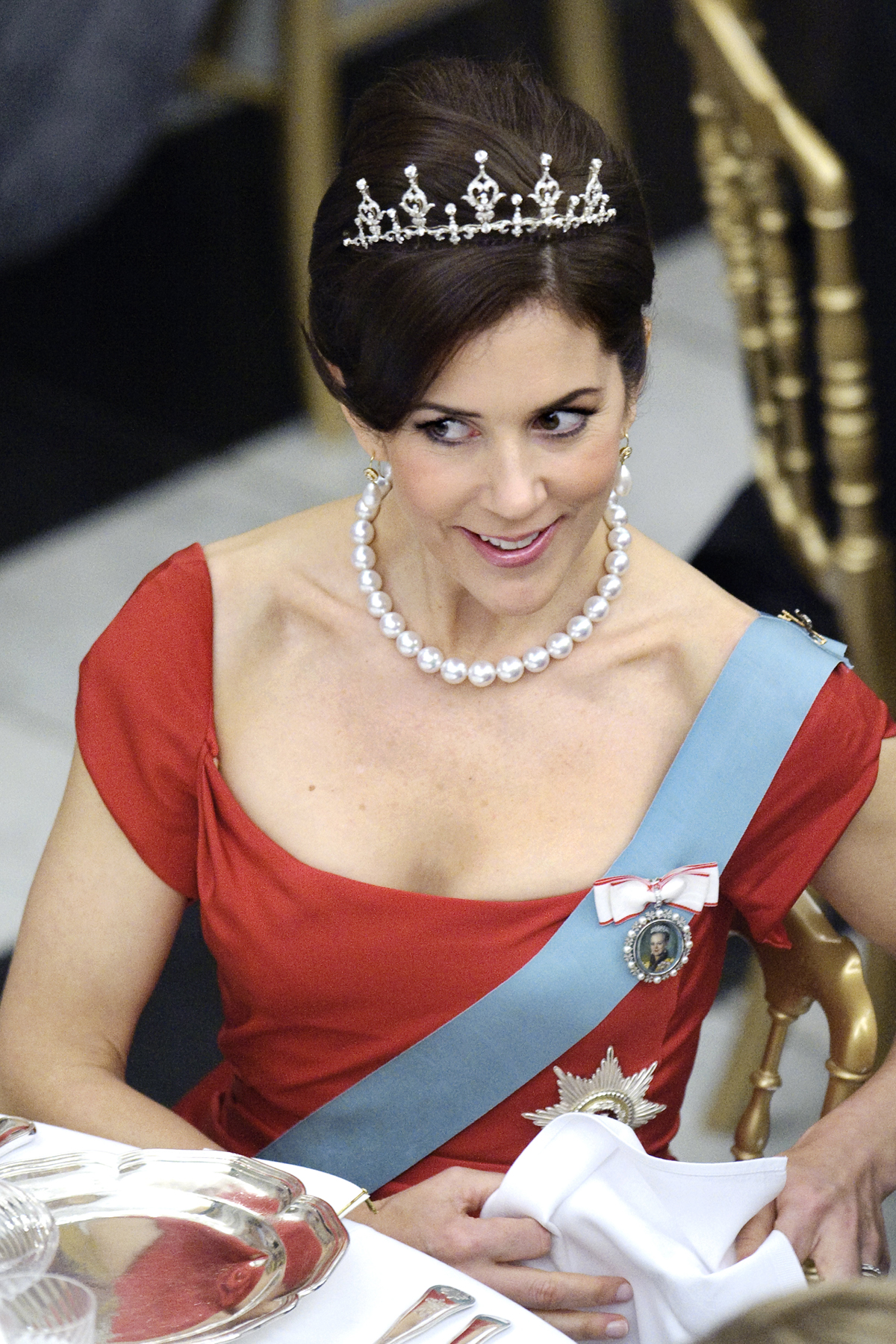 Crown Princess Mary of Denmark attends a gala dinner celebrating the 70th birthday of her mother-in-law, Queen Margrethe II, at Christiansborg Palace in Copenhagen on April 13, 2010 (Jens Norgaard Larsen/AFP/Getty Images)