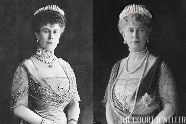 Left: Queen Mary wears Queen Adelaide's Fringe as a tiara; Right: Queen Mary wears her own diamond fringe tiara
