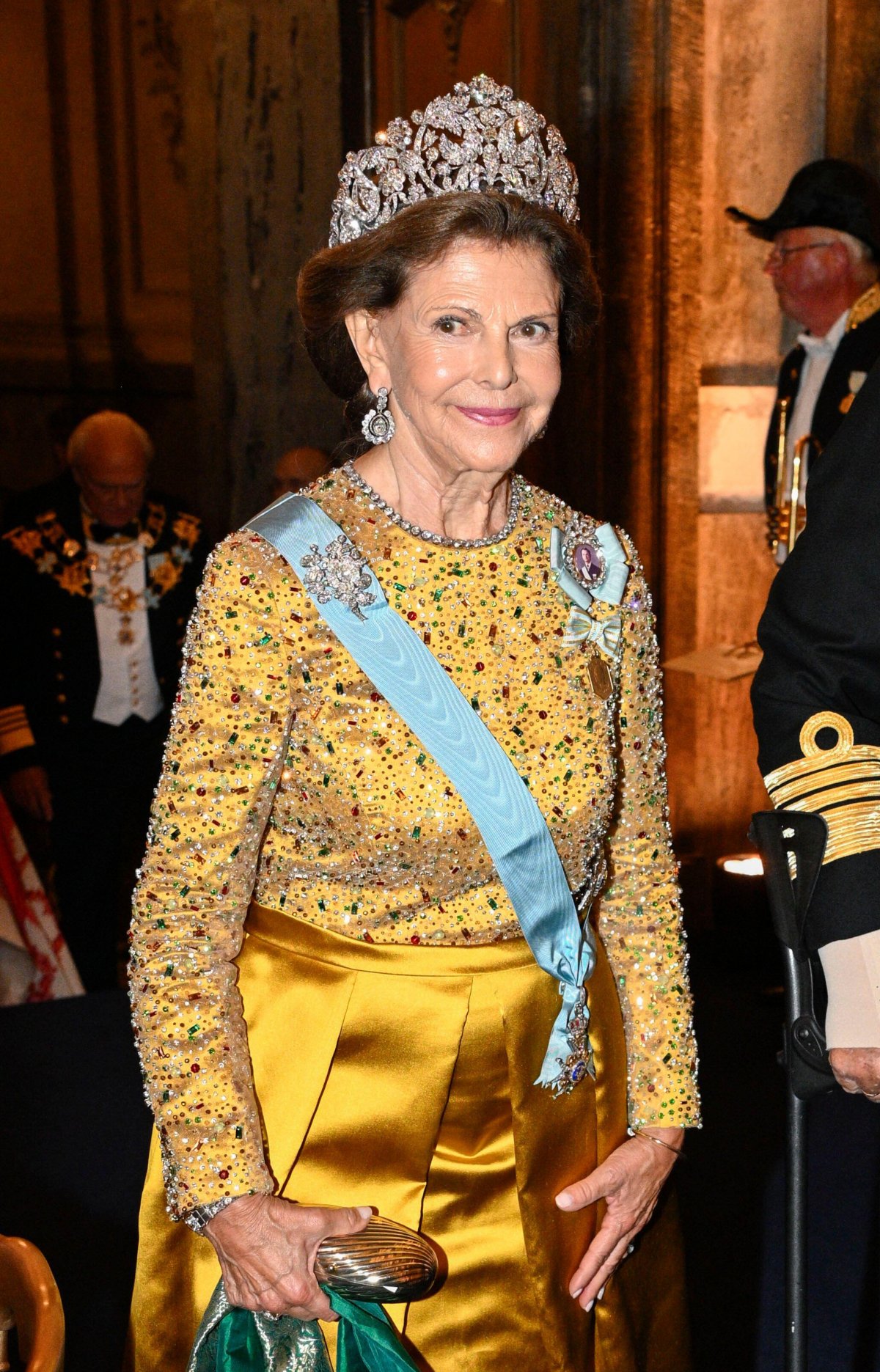 Queen Silvia of Sweden arrives at King Carl XVI Gustaf's Golden Jubilee banquet at the Royal Palace in Stockholm on September 15, 2023 (Anders Wiklund/ TT News Agency/Alamy)
