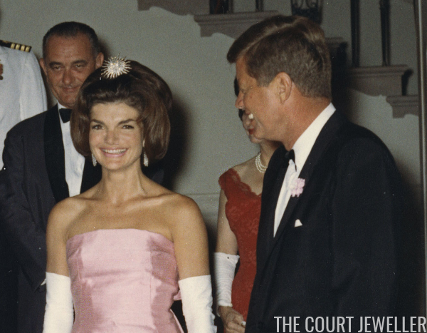 Kennedy wears the brooch for a gala dinner in honor of the&nbsp;Minister of State for Cultural Affairs of France, Andre Malraux, 11 May 1962 (Kennedy Library Archives/Newsmakers)