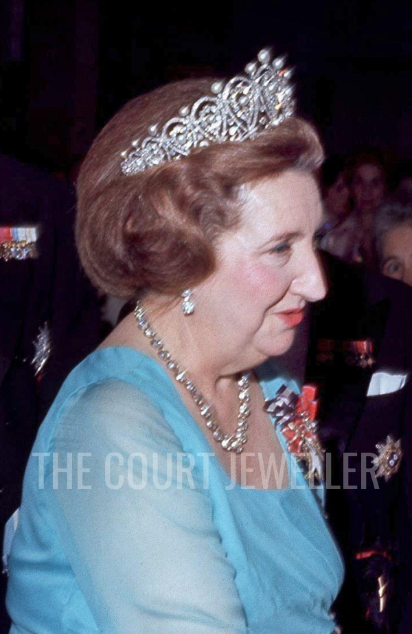 The Countess of Barcelona wears the tiara at a pre-wedding ball for Infanta Pilar in Portugal, 1967 (Image licensed to The Court Jeweller; do not reproduce)