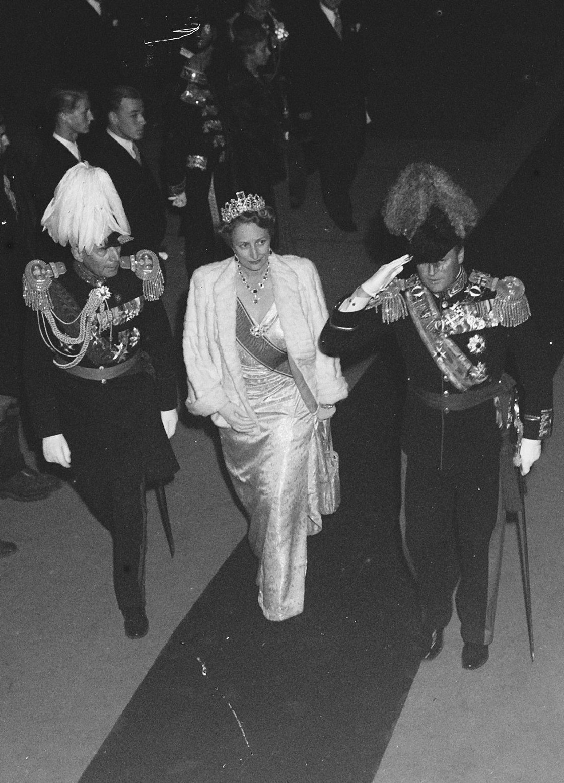 Crown Princess Martha and Crown Prince Olav of Norway attend a gala at Olympic Stadium in Amsterdam during the inauguration of Queen Juliana of the Netherlands on September 6, 1948 (Anefo/Nationaal Archief/Wikimedia Commons)