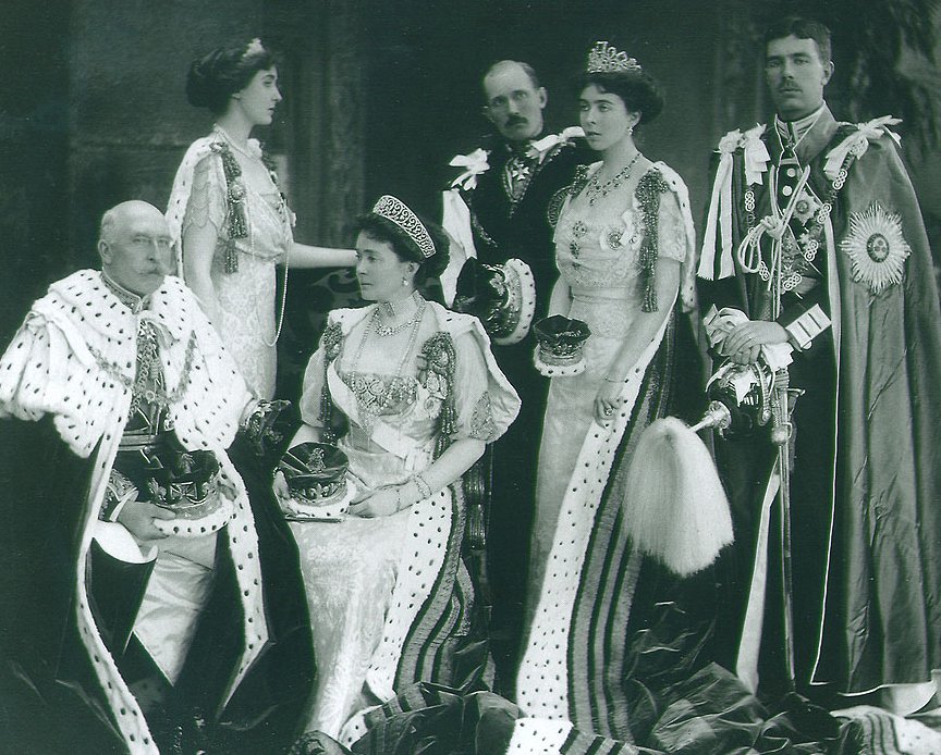 The Duke and Duchess of Connaught, with Princess Patricia, Prince Arthur, and the Crown Prince and Crown Princess of Sweden, are photographed during the coronation celebrations for King George V and Queen Mary of the United Kingdom in London, June 1911 (Grand Ladies Site)