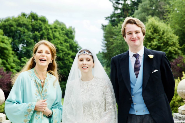 Queen Noor poses with Princess Raiyah and her new husband, Ned Donovan, in England, July 2020 (Arabian Royal Agency)