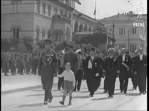 King Paul and Crown Prince Constantine walk in King George II's funeral procession, April 1947 (British Pathe)