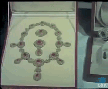 The Greek rubies and emeralds, displayed with the couple's wedding gifts, 1964