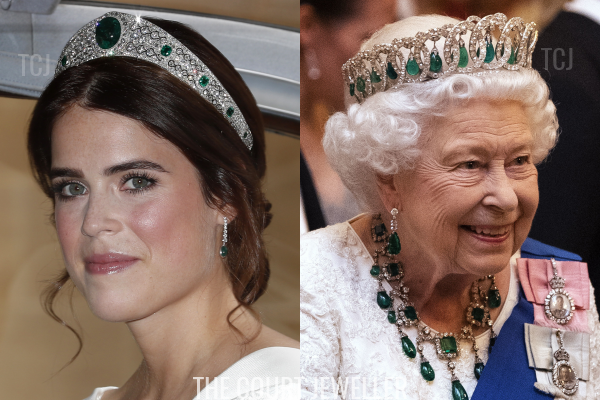 British royal emeralds: the Greville Emerald Kokoshnik (worn by Princess Eugenie) and the Vladimir Tiara (worn by Queen Elizabeth II) (ALASTAIR GRANT/AFP via Getty Images, Victoria Jones - WPA Pool/Getty Images)