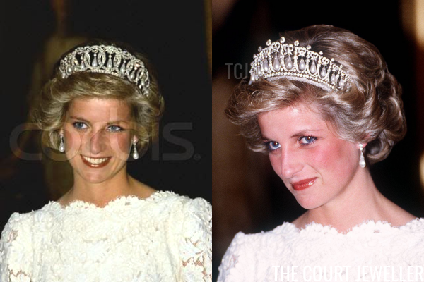 Left: a photoshopped image of Diana "wearing" the Vladimir Tiara; right: a real, unaltered image from the event (a dinner at the British embassy in Washington in November 1985) showing Diana wearing the Lover's Knot Tiara (Trinity Mirror/Mirrorpix/Alamy)