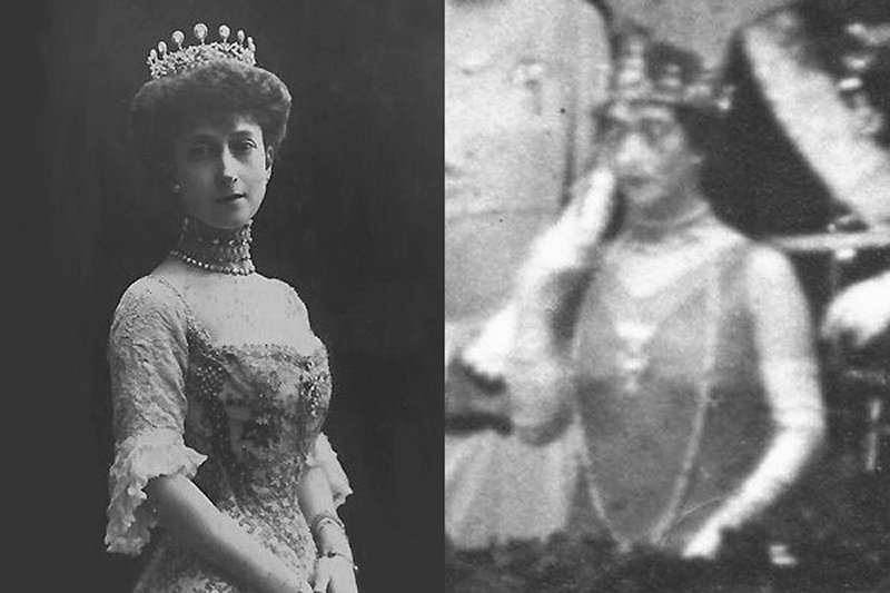 Queen Maud's two turquoise tiaras: her diamond tiara, able to be worn in a turquoise setting, and Queen Alexandra's Turquoise Circlet (Grand Ladies Site)