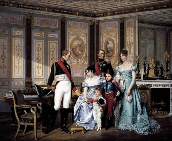 Hector Viger's painting of Alexander meeting Josephine, Eugène, Hortense, and Hortense's sons at Malmaison in 1814, painted in the 1860s (Wikimedia Commons)