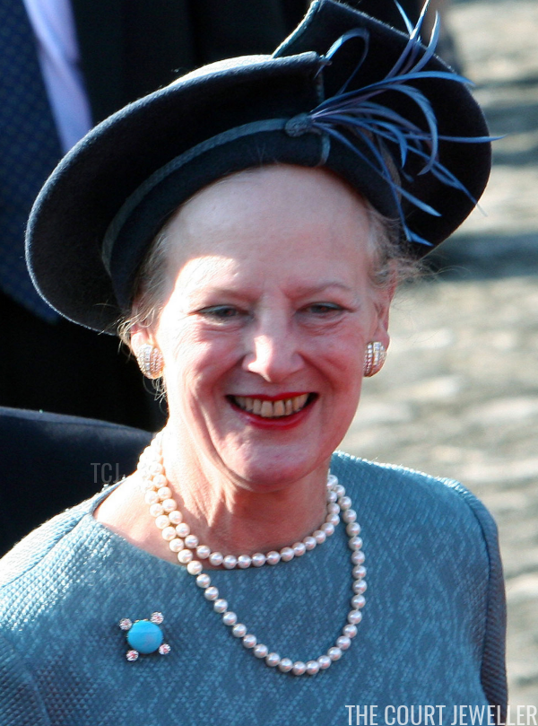 Queen Margrethe II of Denmark wears the Devonshire Turquoise Brooch (Koichi Kamoshida/Getty Images)