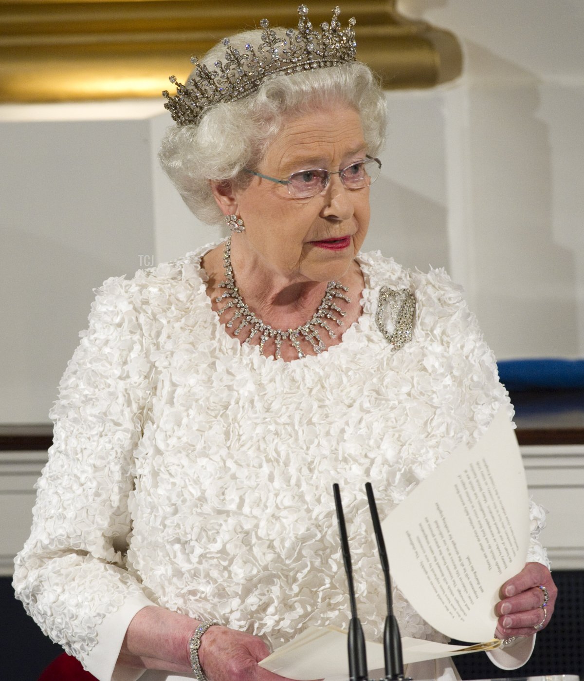 Queen Elizabeth II makes a speech as she attends the State Dinner on the second day of her State Visit, at Dublin Castle, on May 18, 2011 in Dublin, Ireland