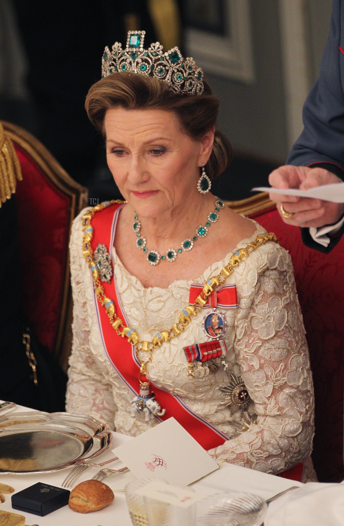 Queen Sonja of Norway attends a Gala Dinner to celebrate Queen Margrethe II of Denmark's 40 years on the throne at Christiansborg Palace Chapel on January 15, 2012