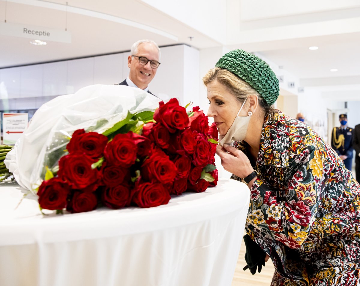 Queen Maxima of The Netherlands receives 50 roses for her recent 50th birthday during her visit to North-Limburg region on May 27, 2021 in Venlo, Netherlands