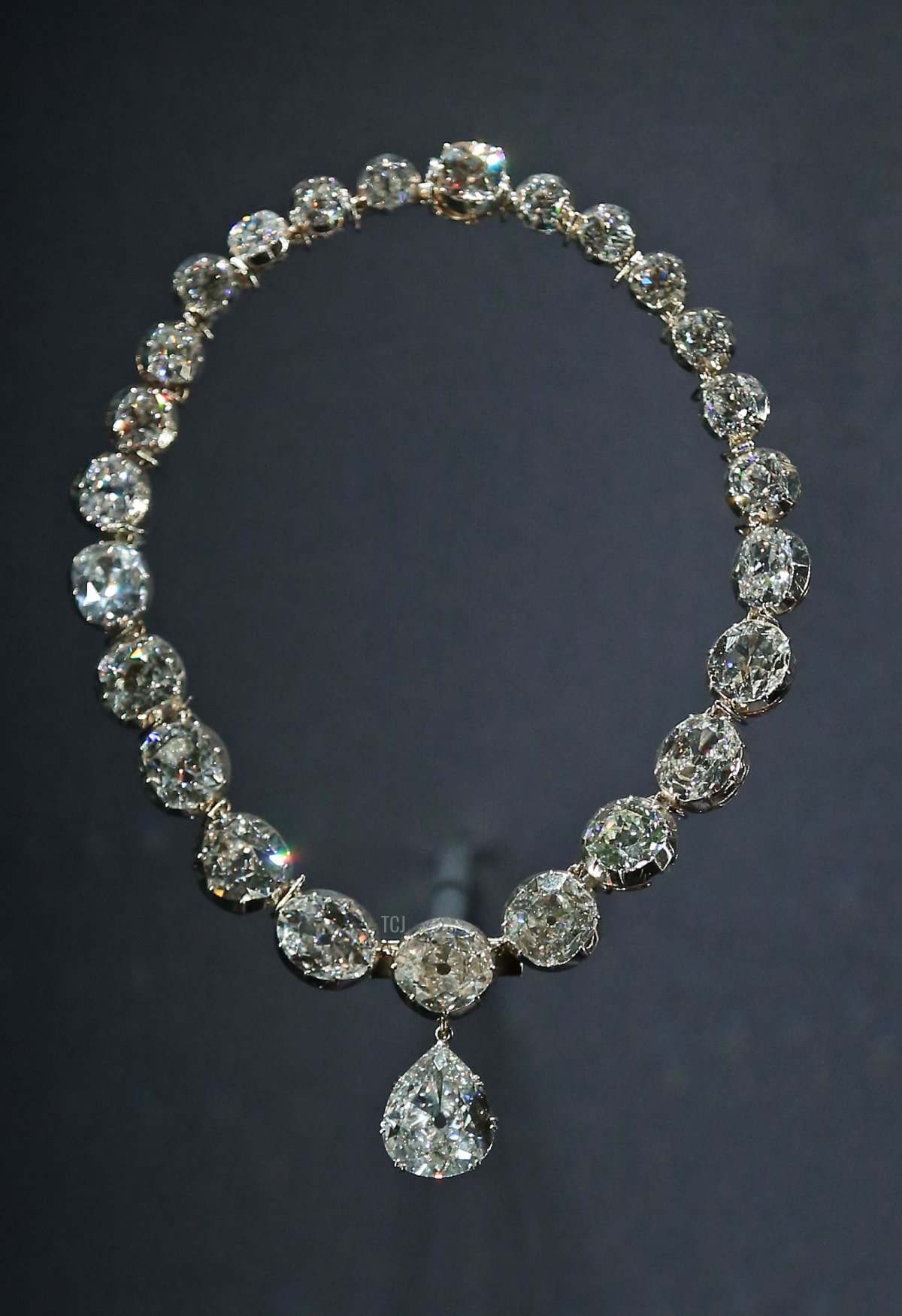 The Coronation Necklace is displayed at The Royal Welcome Summer opening at Buckingham Palace on July 23, 2015 in London