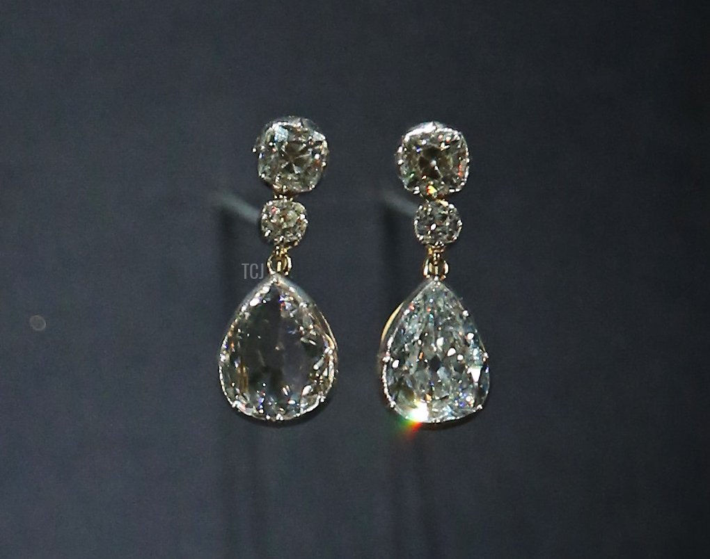 The Coronation Earrings are displayed at The Royal Welcome Summer opening at Buckingham Palace on July 23, 2015 in London