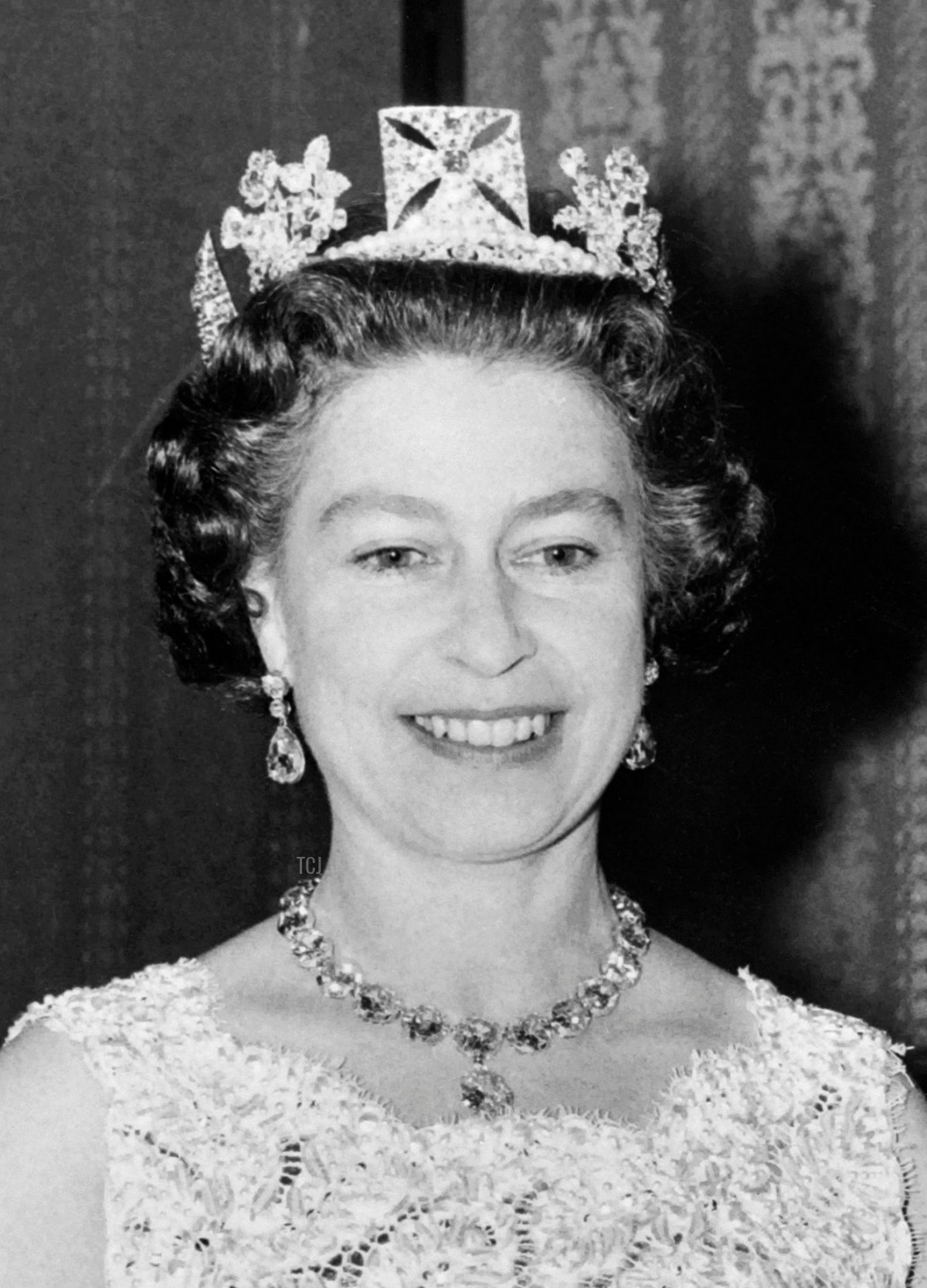Official photo taken on November 3, 1972 shows Britain's Queen Elizabeth II, wearing the George IV State Diadem, diamond tiara on British and Commonwealth stamps, and Prince Philip, Duke of Edinburgh, on the occasion of their 25th wedding anniversary