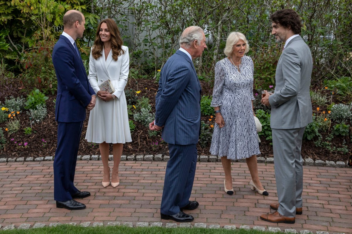 Britain's Prince William, Duke of Cambridge, Britain's Catherine, Duchess of Cambridge, Britain's Prince Charles, Prince of Wales, Britain's Camilla, Duchess of Cornwall and Canada's Prime Minister Justin Trudeau attend a reception with G7 leaders at The Eden Project in south west England on June 11, 2021