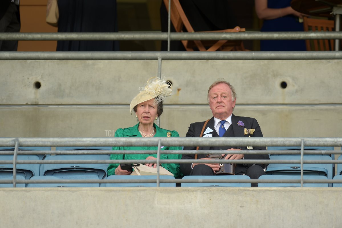 Anne, Princess Royal and Andrew Parker Bowles are seen watching a race during Royal Ascot 2021 at Ascot Racecourse on June 16, 2021 in Ascot, England
