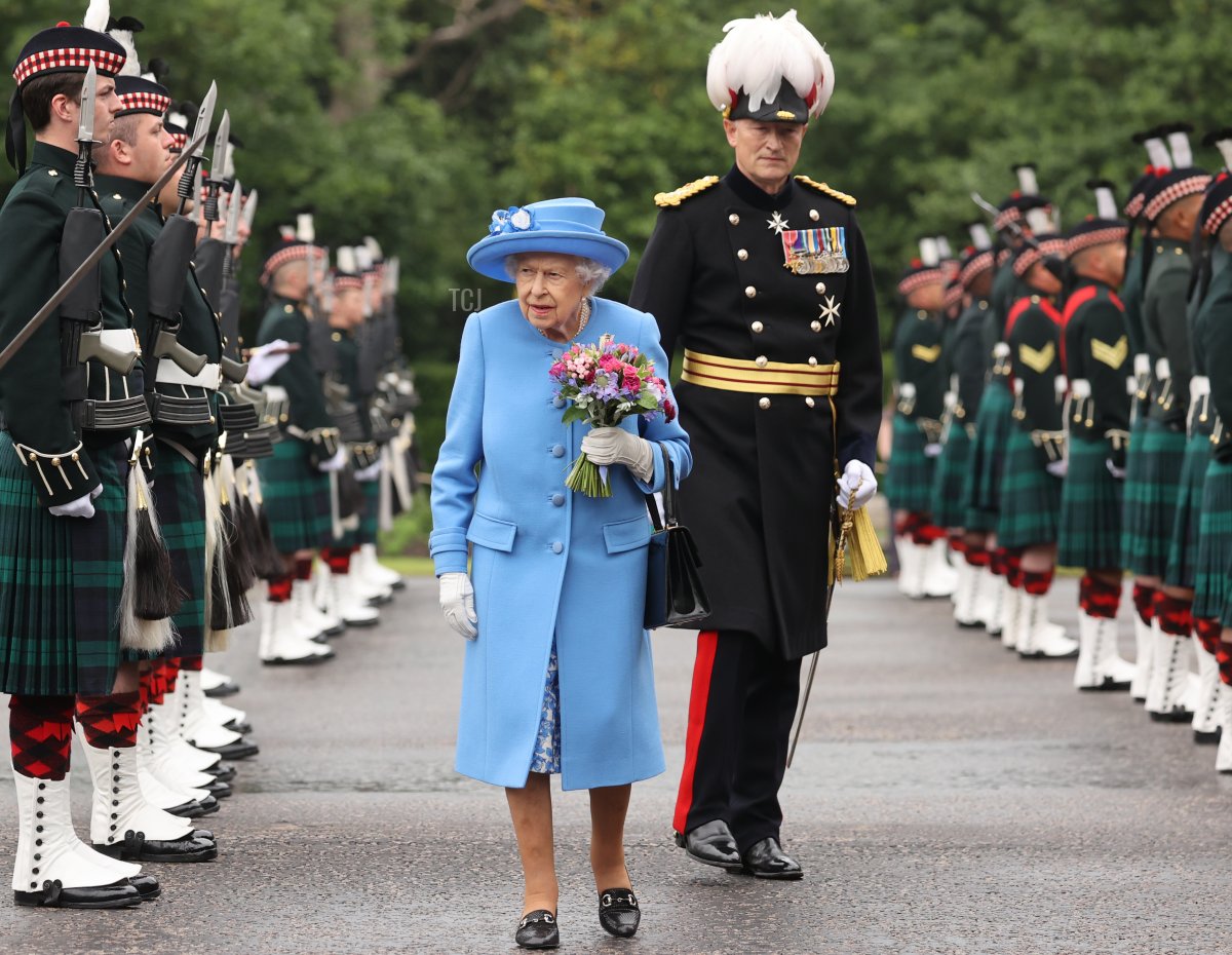 Queen Elizabeth II and Governor of Edinburgh Castle, Major General Alastair Bruce of Crionaich attend The Palace Of Holyrood house on June 28, 2021 in Edinburgh, Scotland