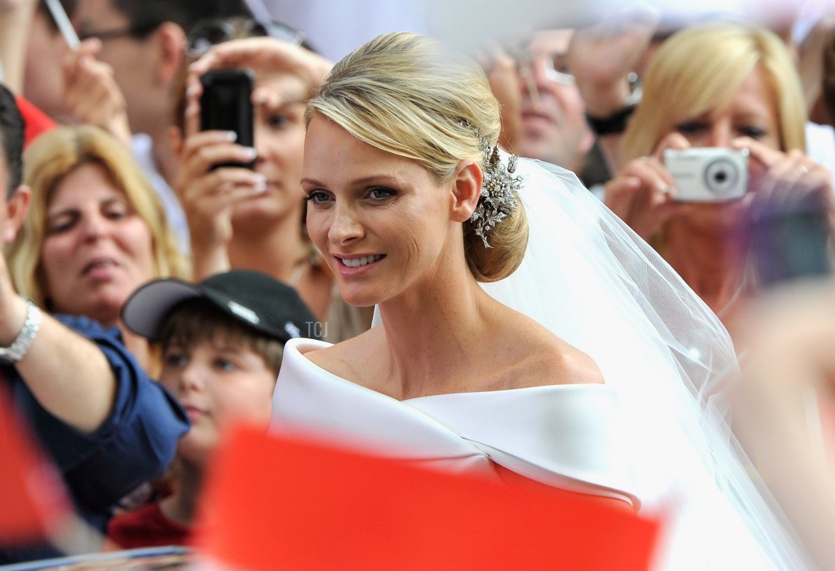 Princess Charlene of Monaco arrives at Sainte Devote church after the religious wedding ceremony to Prince Albert II of Monaco at the Prince's Palace of Monaco on July 2, 2011 in Monaco