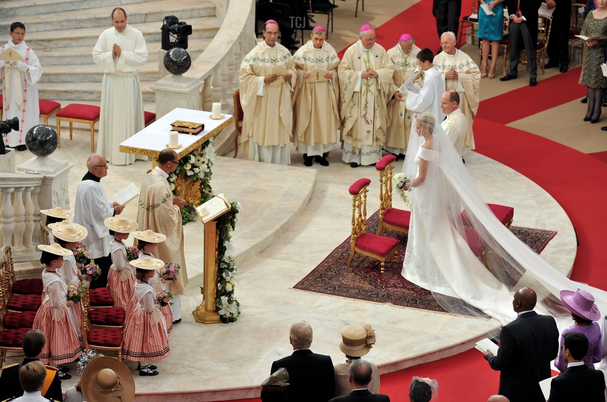 An overview on the religious ceremony of the Royal Wedding of Prince Albert II of Monaco to Charlene Wittstock in the main courtyard at Prince's Palace on July 2, 2011 in Monaco