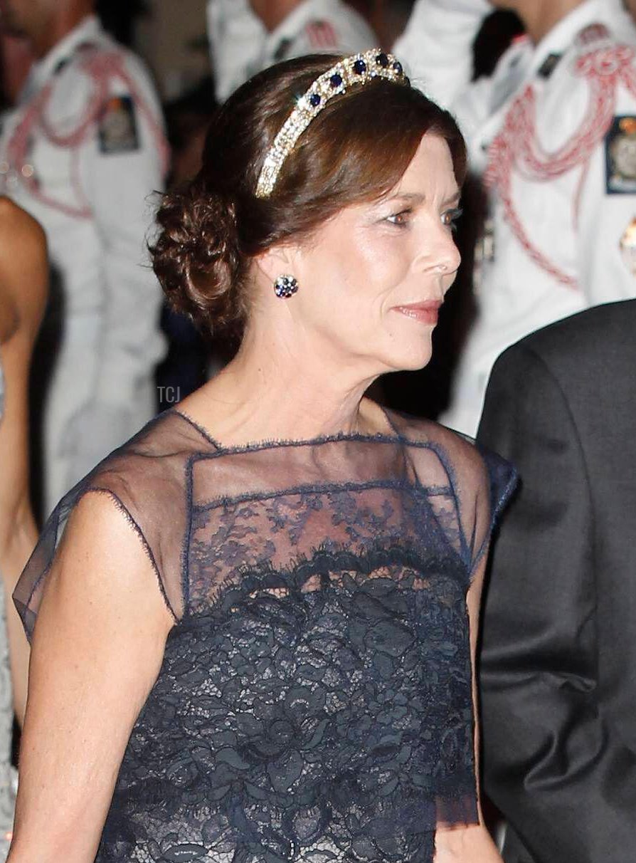 Princess Caroline of Hanover arriving for the official dinner following the religious wedding of Prince Abert II of Monaco to Charlene Wittstock at Monte-Carlo Opera House in Monaco on July 2, 2011