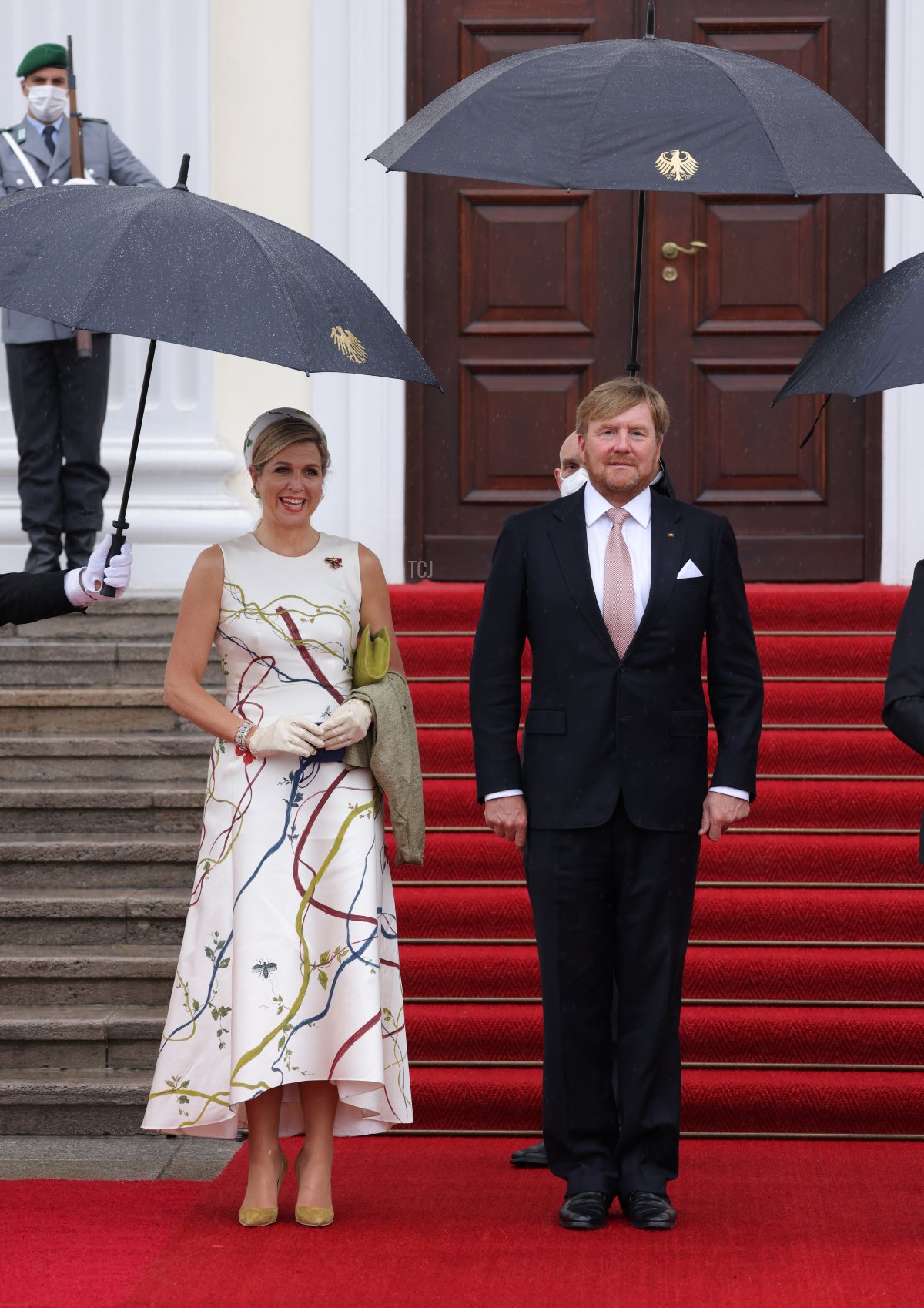 King Willem-Alexander and Queen Maxima of the Netherlands arrive at Castle Bellevue on July 05, 2021 in Berlin, Germany