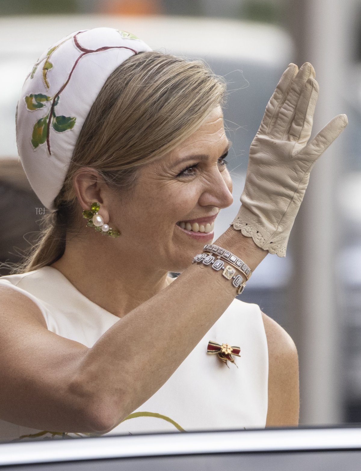 Queen Maxima of the Netherlands waves to the crowd outside the Rotes Rathaus, town hall of Berlin on July 05, 2021 in Berlin, Germany