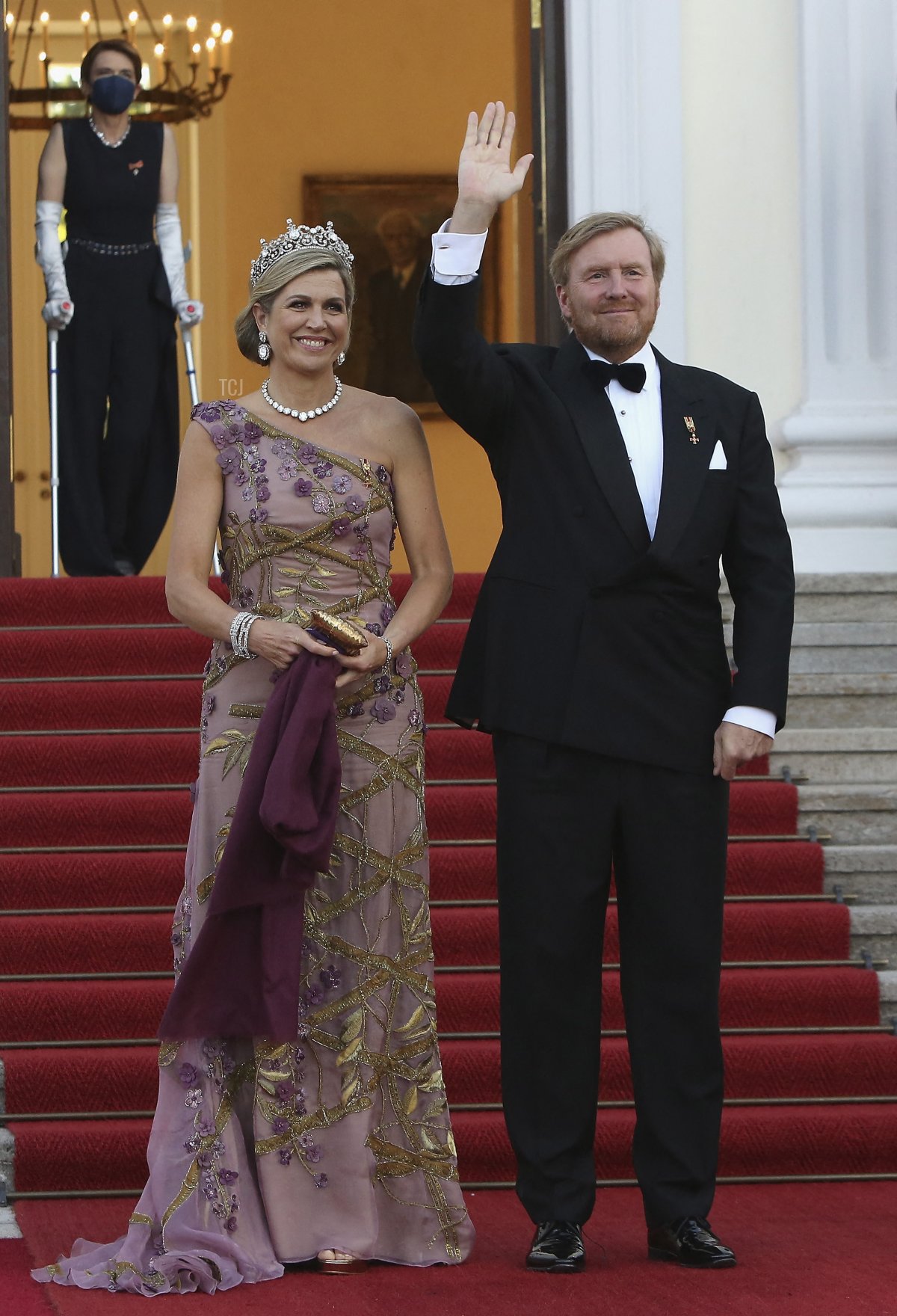 King Willem-Alexander and Queen Maxima of the Netherlands arrive for a state dinner in their honour at the Bellevue presidential palace in Berlin on July 5, 2021