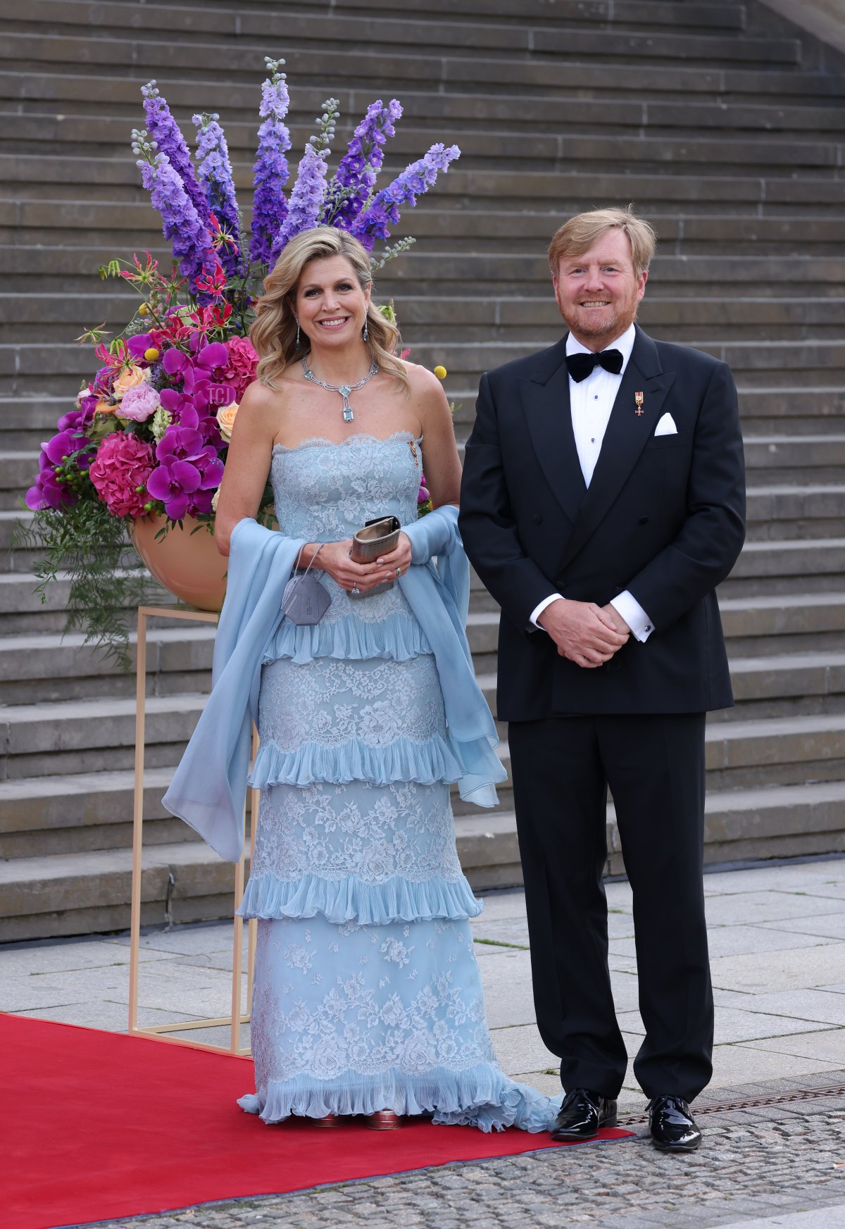 King Willem-Alexander and Queen Maxima of the Netherlands arrive at the Konzerthaus am Gendarmenmarkt on July 06, 2021 in Berlin, Germany