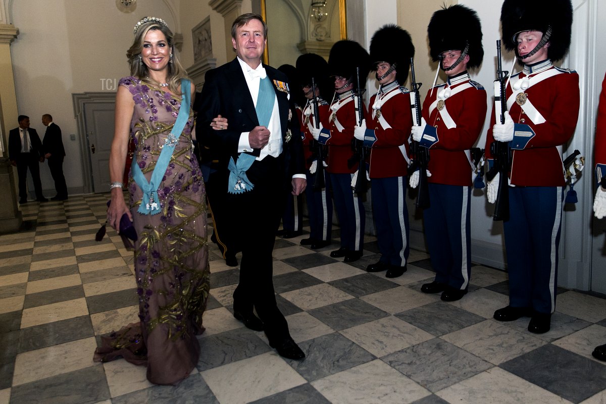 King Willem Alexander of the Nederlands and wife Queen Maxima arrive to the gala banquet on the occasion of The Crown Prince's 50th birthday at Christiansborg Palace on May 26, 2018 in Copenhagen, Denmark