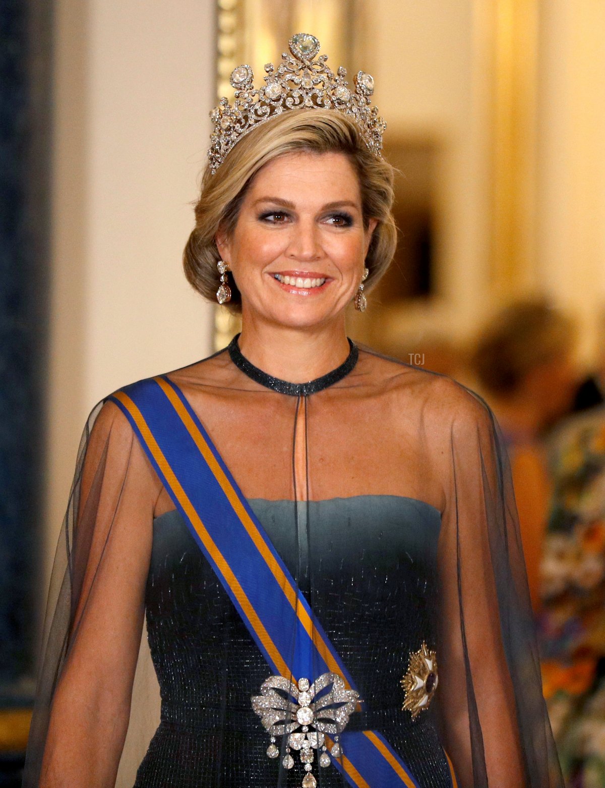 Queen Maxima of The Netherlands wears the Stuart Tiara during a State Banquet at Buckingham Palace on October 23, 2018 in London