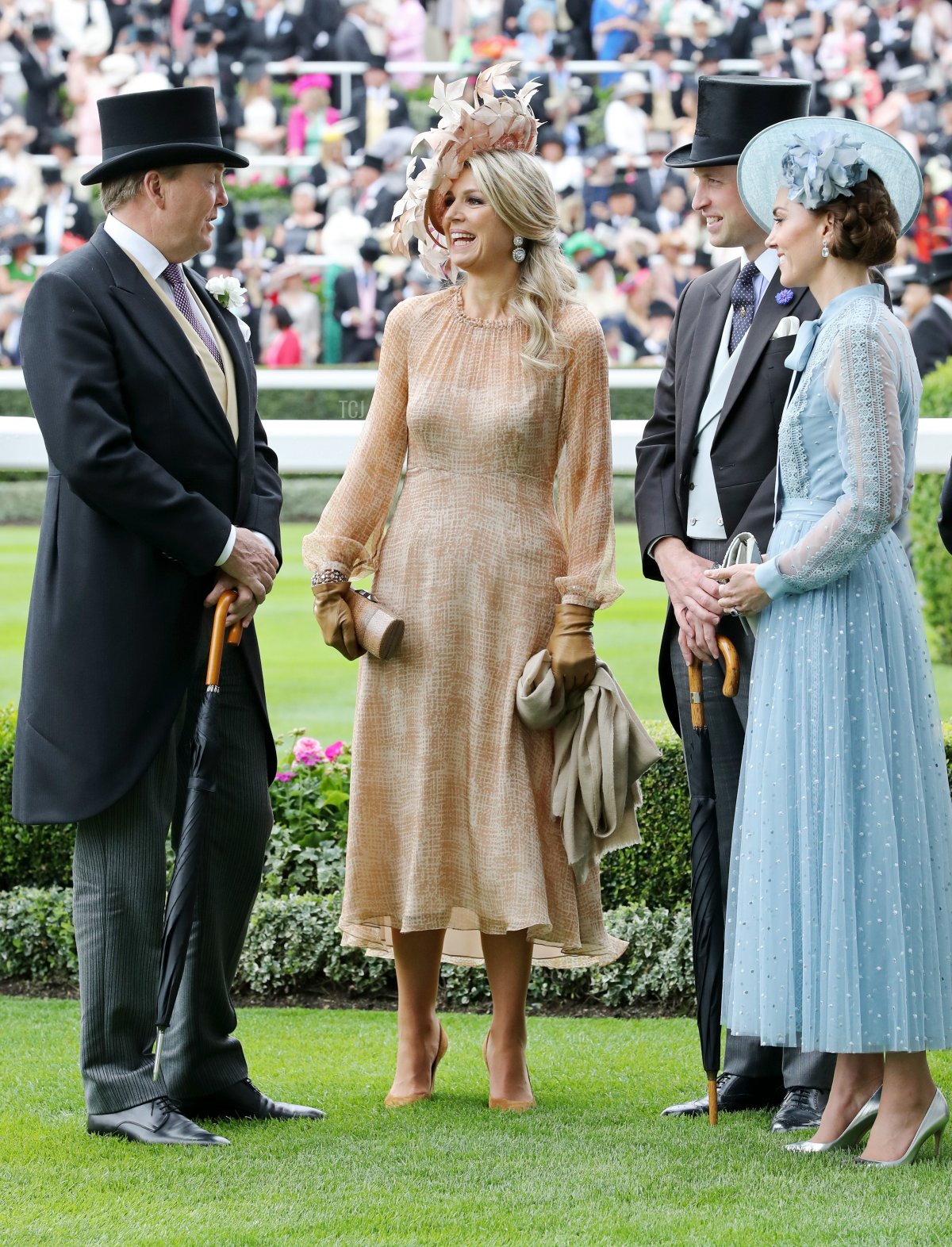 King Willem-Alexander of The Netherlands, Queen Maxima of The Netherlands, Prince William, Duke of Cambridge and Catherine, Duchess of Cambridge attend day one of Royal Ascot at Ascot Racecourse on June 18, 2019 in Ascot, England