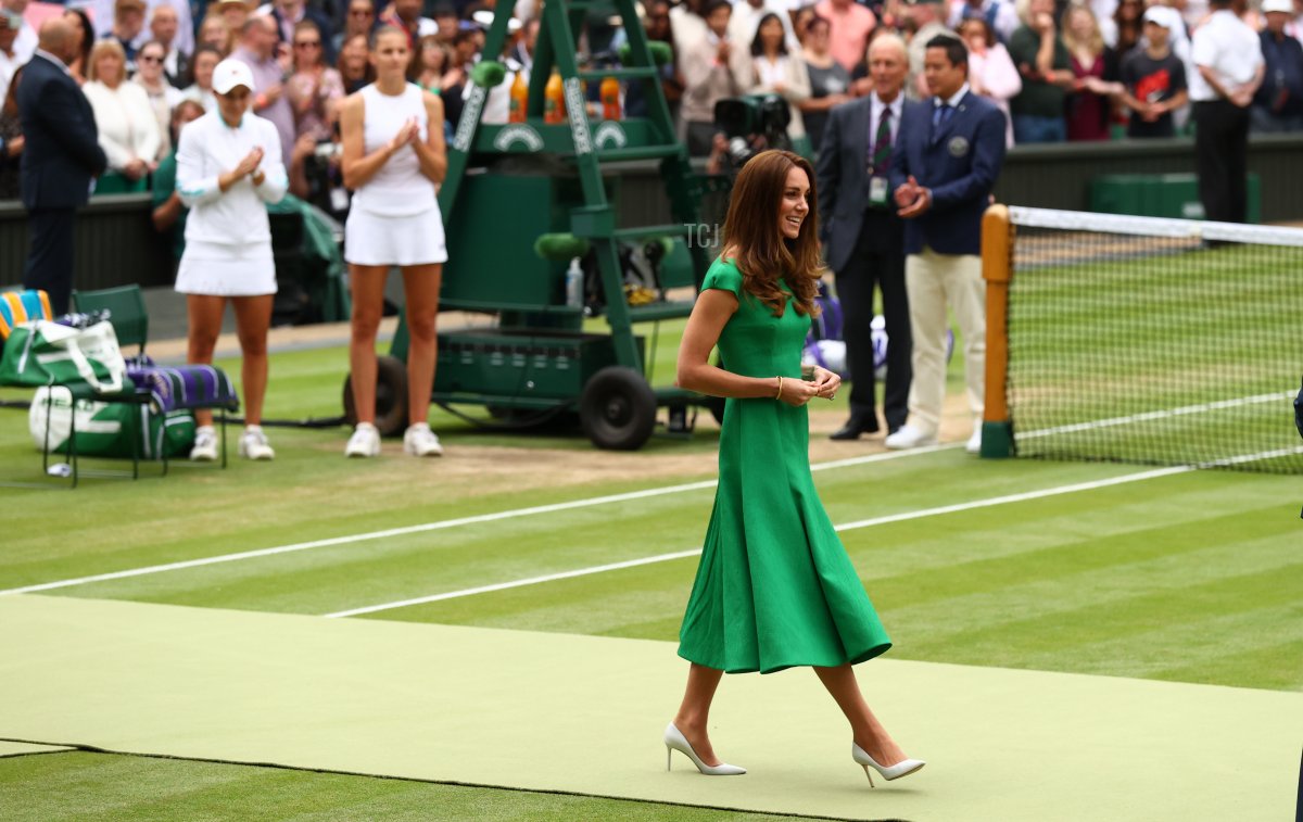 HRH Catherine, The Duchess of Cambridge after the Ladies' Singles Final match between Ashleigh Barty of Australia and Karolina Pliskova of The Czech Republic on Day Twelve of The Championships - Wimbledon 2021 at All England Lawn Tennis and Croquet Club on July 10, 2021 in London, England