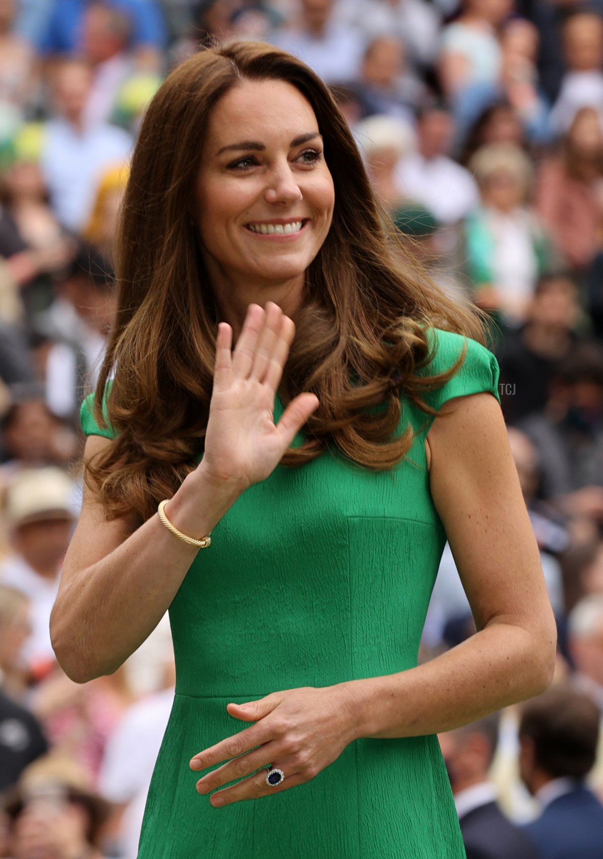 HRH Catherine, The Duchess of Cambridge waves to the crowd after the Ladies' Singles Final match between Ashleigh Barty of Australia and Karolina Pliskova of The Czech Republic on Day Twelve of The Championships - Wimbledon 2021 at All England Lawn Tennis and Croquet Club on July 10, 2021 in London, England