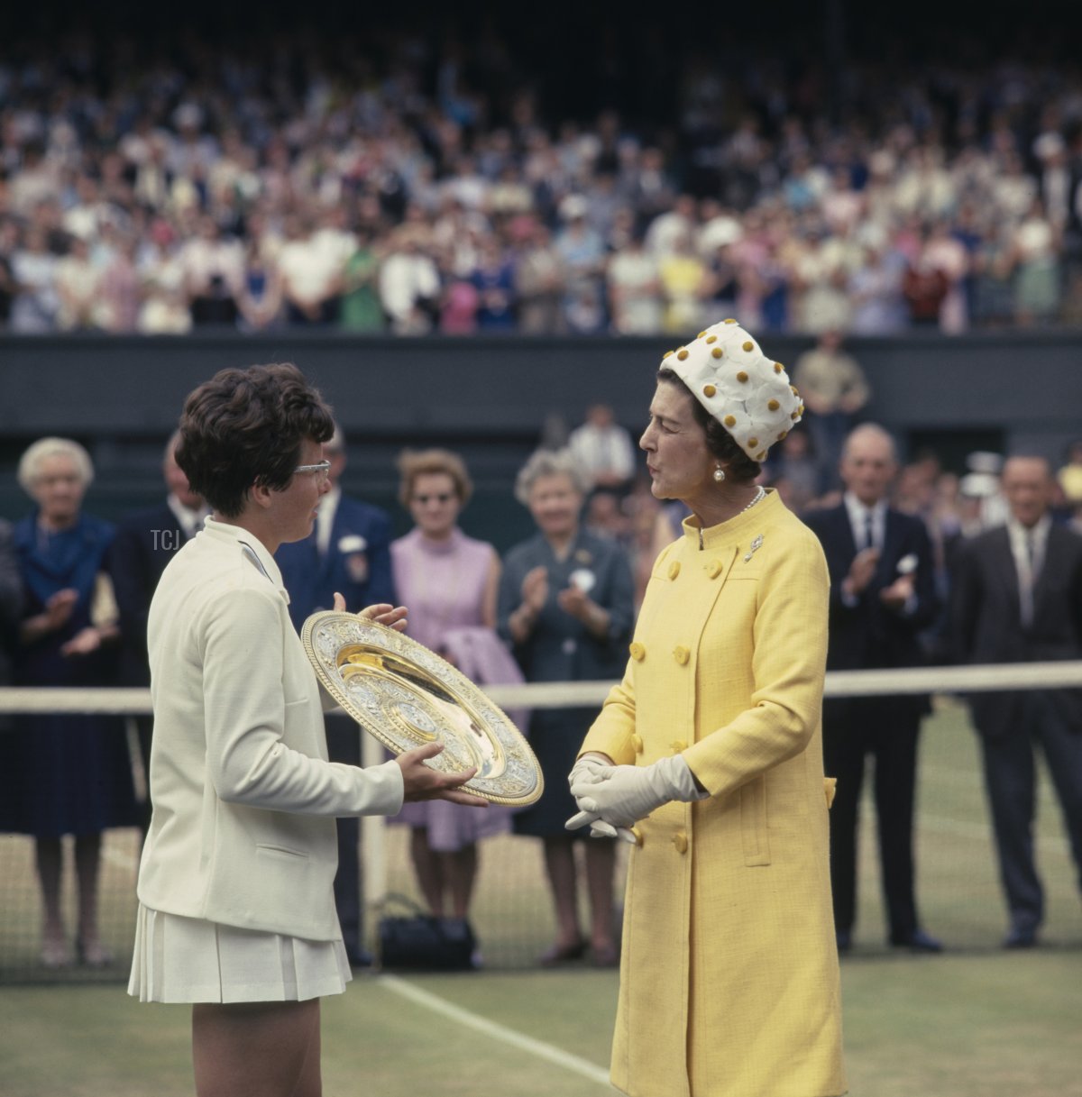 Billie Jean King of the United States is presented with the Venus Rosewater Dish by Princess Marina, Duchess of Kent after defeating Ann Jones at the Women's Singles Final match at the Wimbledon Lawn Tennis Championship on 7th July 1967 at the All England Lawn Tennis and Croquet Club in Wimbledon, London, England