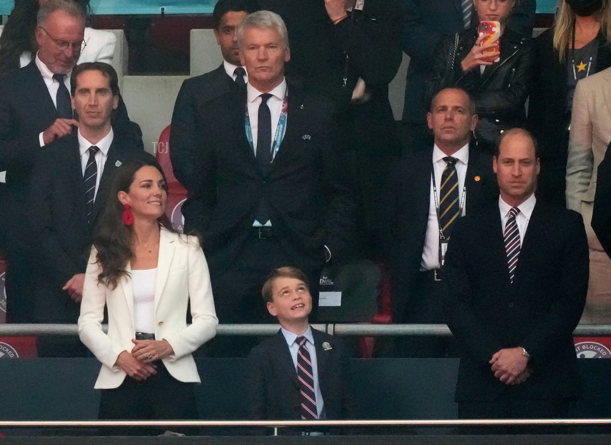 Prince William, President of the Football Association along with Catherine, Duchess of Cambridge look on prior to the UEFA Euro 2020 Championship Final between Italy and England at Wembley Stadium on July 11, 2021 in London, England