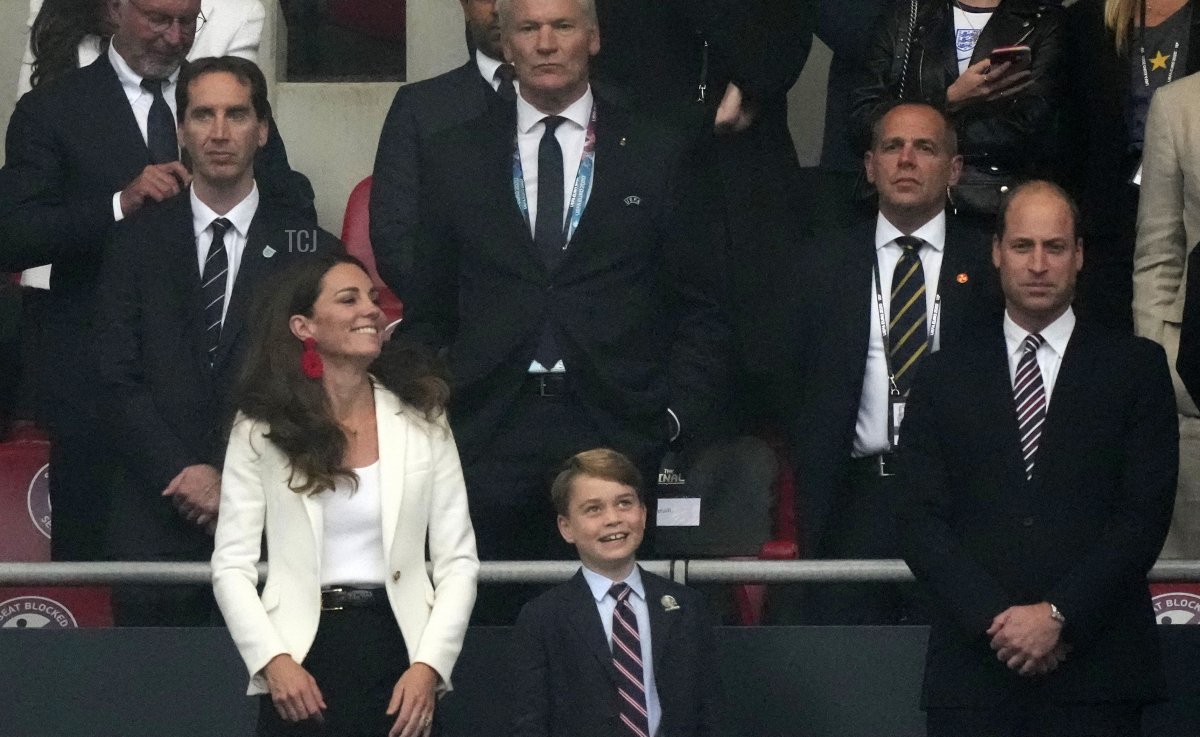 Prince William, President of the Football Association along with Catherine, Duchess of Cambridge look on prior to the UEFA Euro 2020 Championship Final between Italy and England at Wembley Stadium on July 11, 2021 in London, England