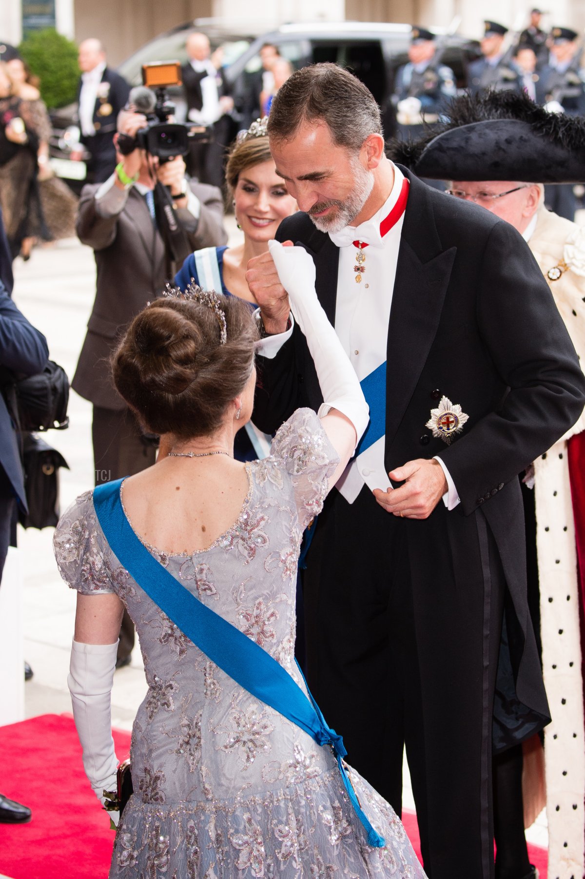 Princess Anne, Princess Royal greets King Felipe VI of Spain as they attend the Lord Mayor's Banquet at the Guildhall during a State visit by the King and Queen of Spain on July 13, 2017 in London, England