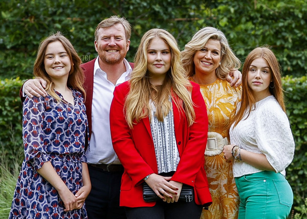 Princess Ariane of the Netherlands, Queen Maxima of the Netherlands, Princess Alexia of the Netherlands, King Willem-Alexander of the Netherlands and Princess Amalia of the Netherlands pose during the summer photo session at Huis ten Bosch Palace in The Hague, on July 16, 2021