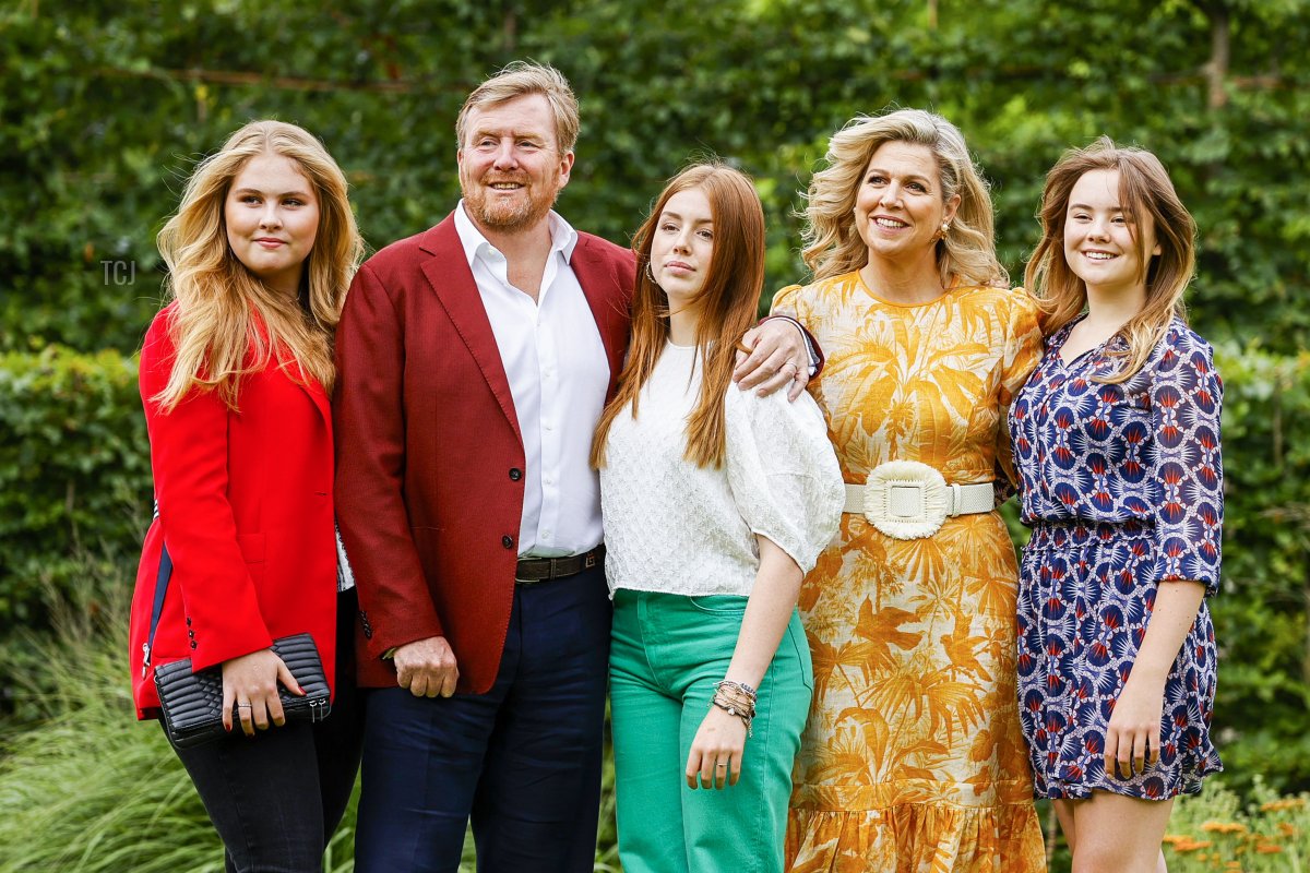 Princess Ariane of the Netherlands, Queen Maxima of the Netherlands, Princess Alexia of the Netherlands, King Willem-Alexander of the Netherlands and Princess Amalia of the Netherlands pose during the summer photo session at Huis ten Bosch Palace in The Hague, on July 16, 2021