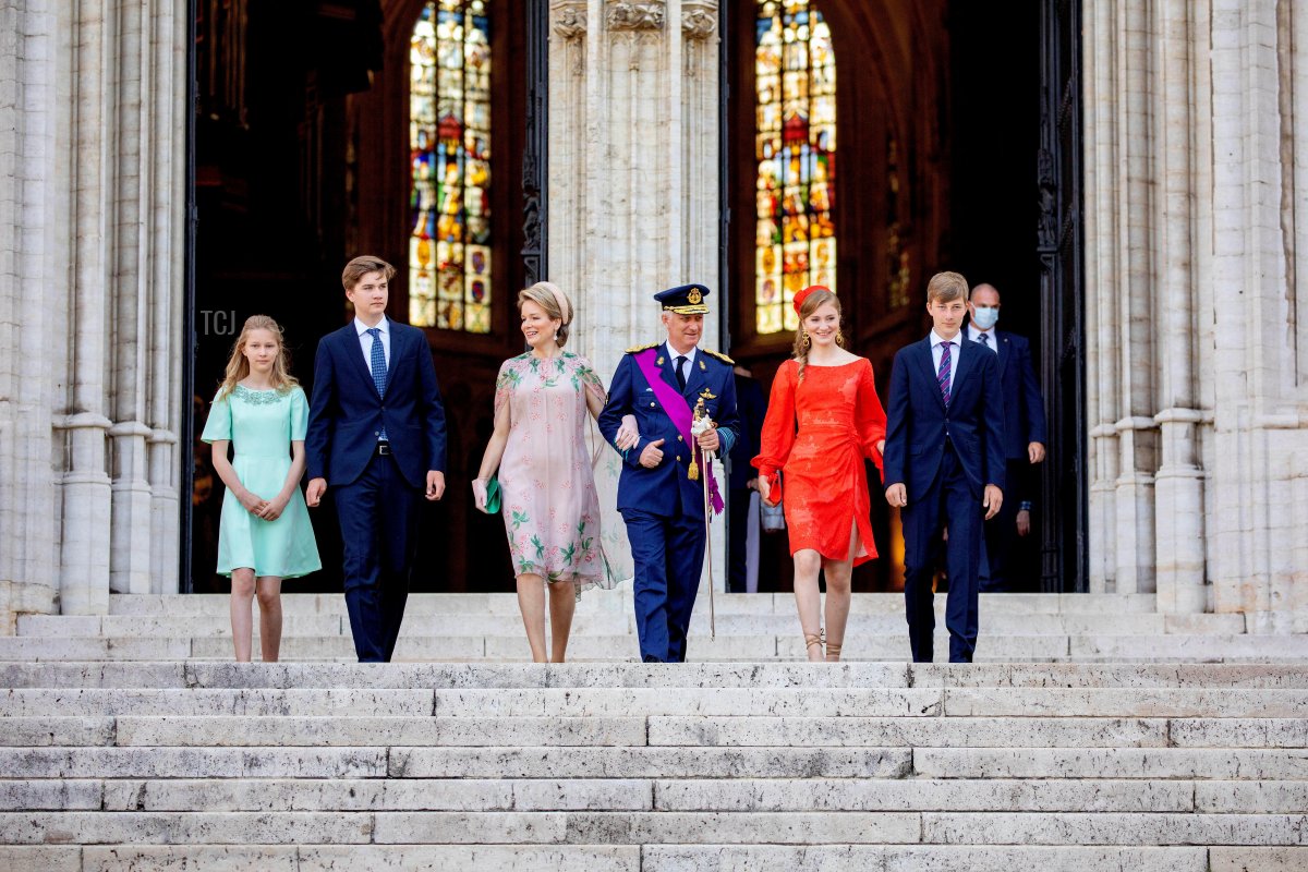King Philippe, Queen Mathilde, Princess Elisabeth, Prince Gabriel, Prince Emmanuel and Princess Eleonore of Belgium leave the cathedral in Brussels, on July 21, 2021, after attending the Te Deum on the occasion of the National Day of Belgium