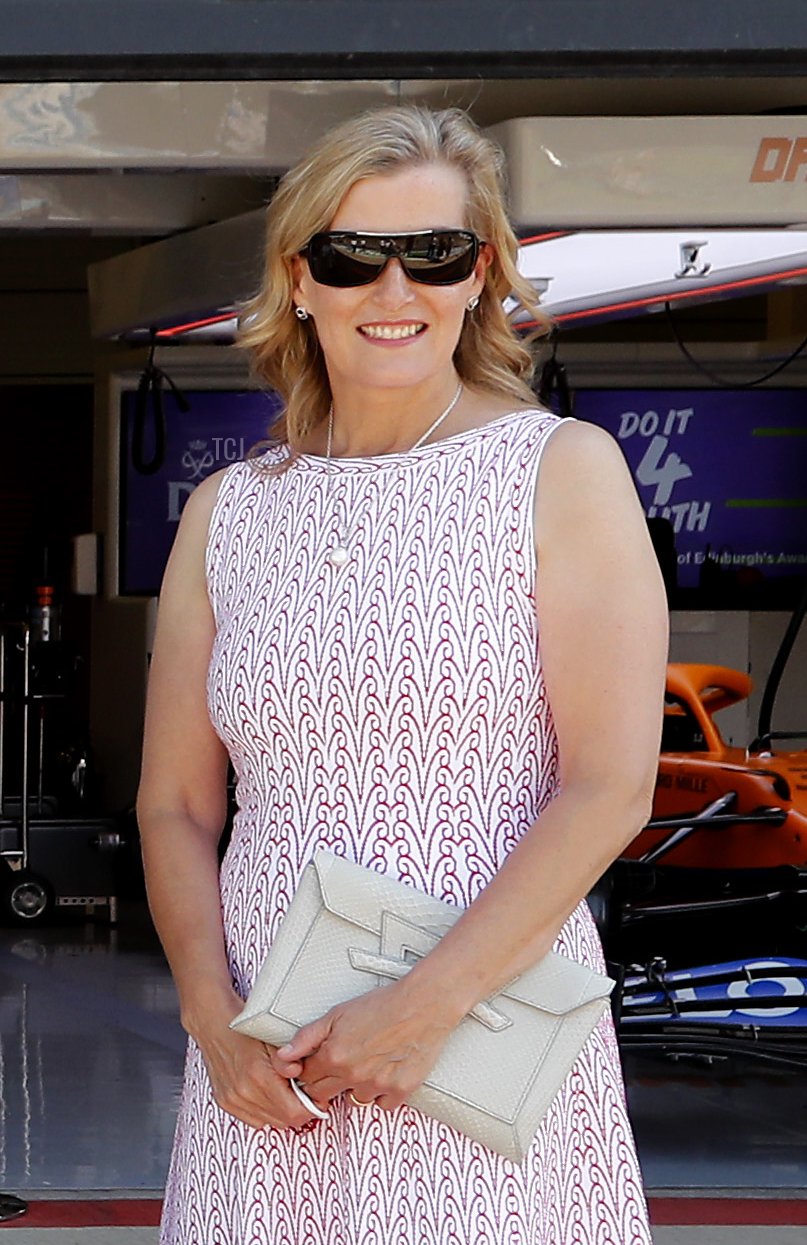 Prince Edward, Earl of Wessex and Sophie, Countess of Wessex with Lando Norris (centre left) during a visit to the McLaren team garage at the British Grand Prix in Silverstone on July 18, 2021 in Northampton, England