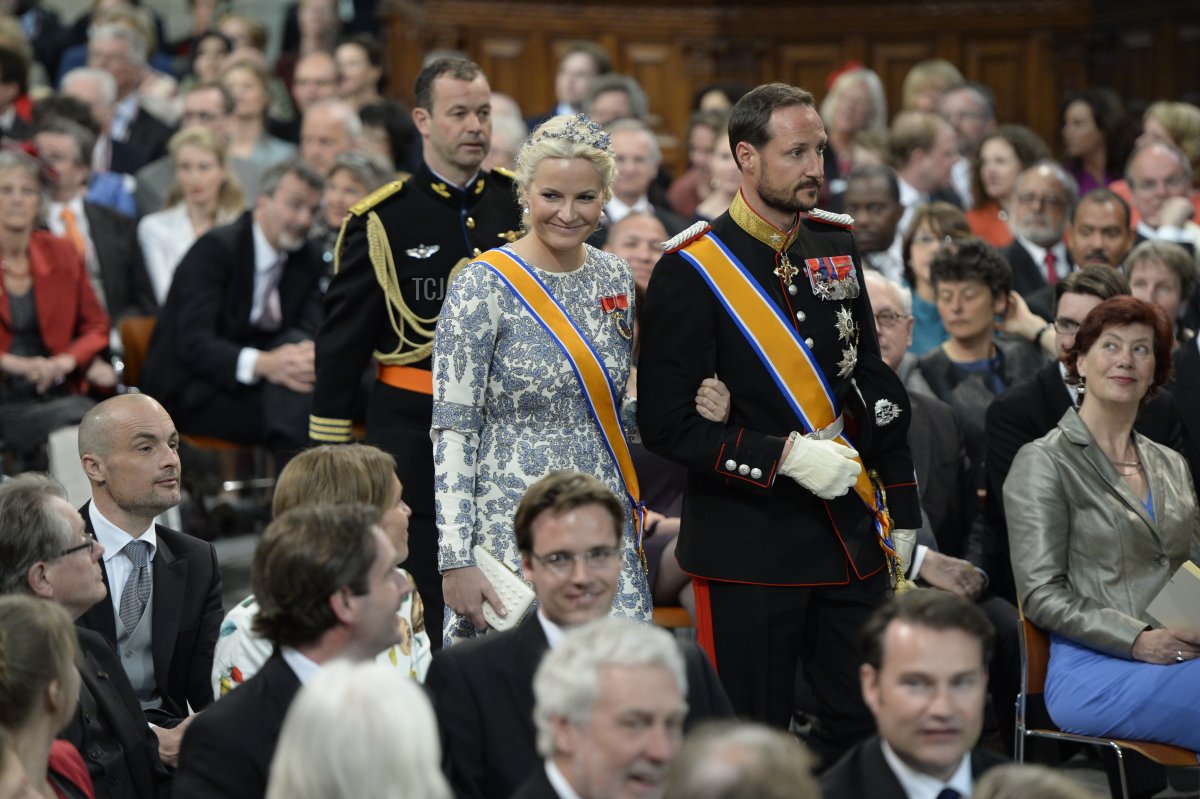 Prince Haakon and Princess Mette Marit of Norway during the inauguration ceremony of HM King Willem Alexander and HM Queen Maxima of the Netherlands at New Church on April 30, 2013 in Amsterdam