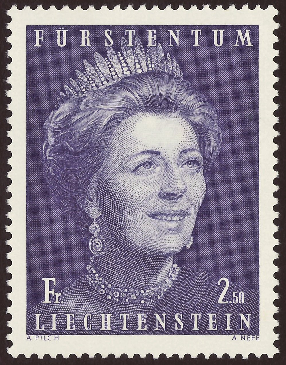 Stamp of the Principality of Liechtenstein; 1971: definitive stamp of the issue "Princely Family"; stamp motive with a portrait of Princess Gina of Liechtenstein; mint stamp