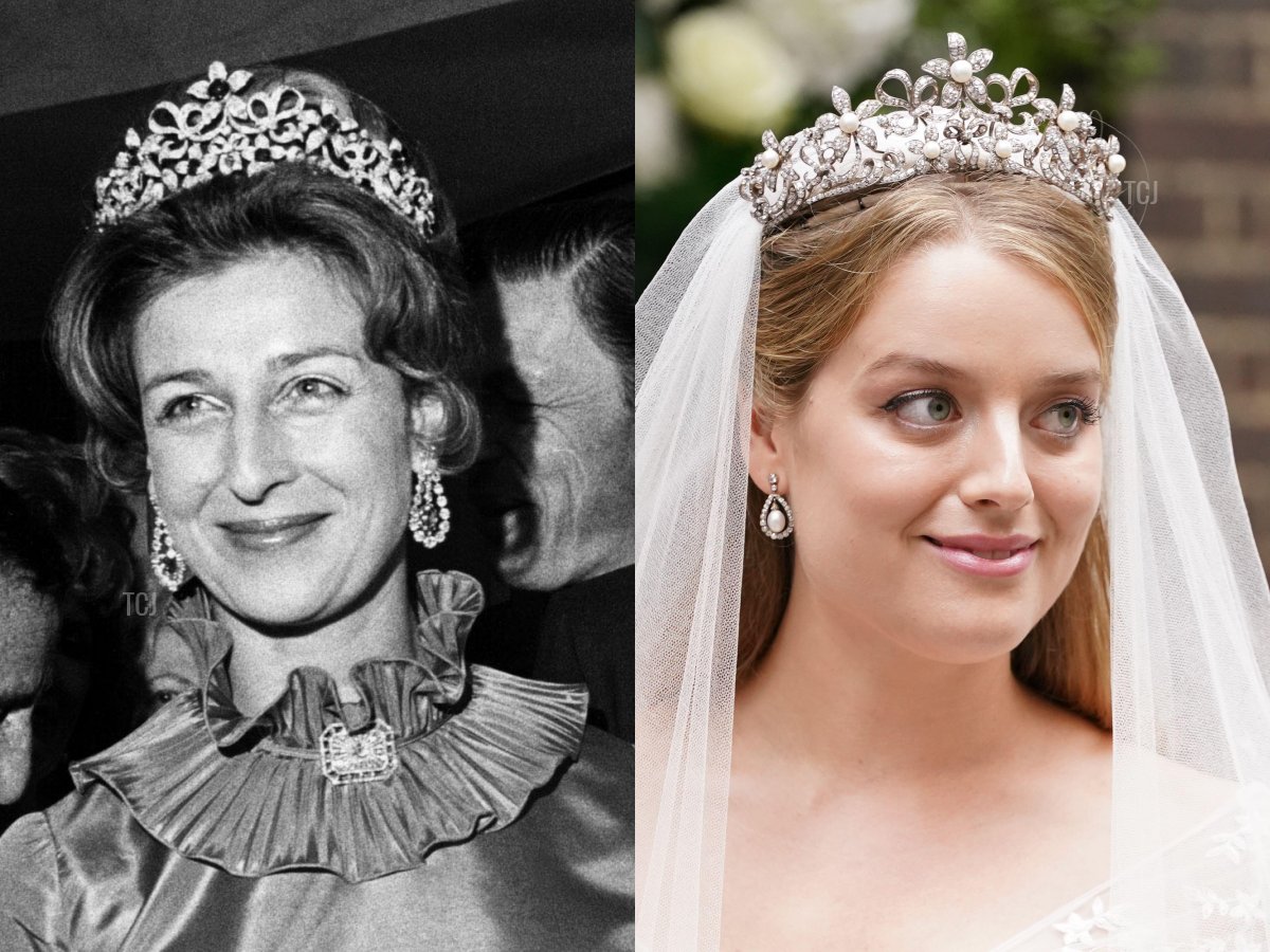 Alexandra wears the sapphire setting of the tiara at a Variety Clubs dinner reception, April 1972; Flora Ogilvy, granddaughter of Princess Alexandra, following her wedding to Timothy Vesterberg, leaves St James's Church in Piccadilly, central London, following their wedding ceremony