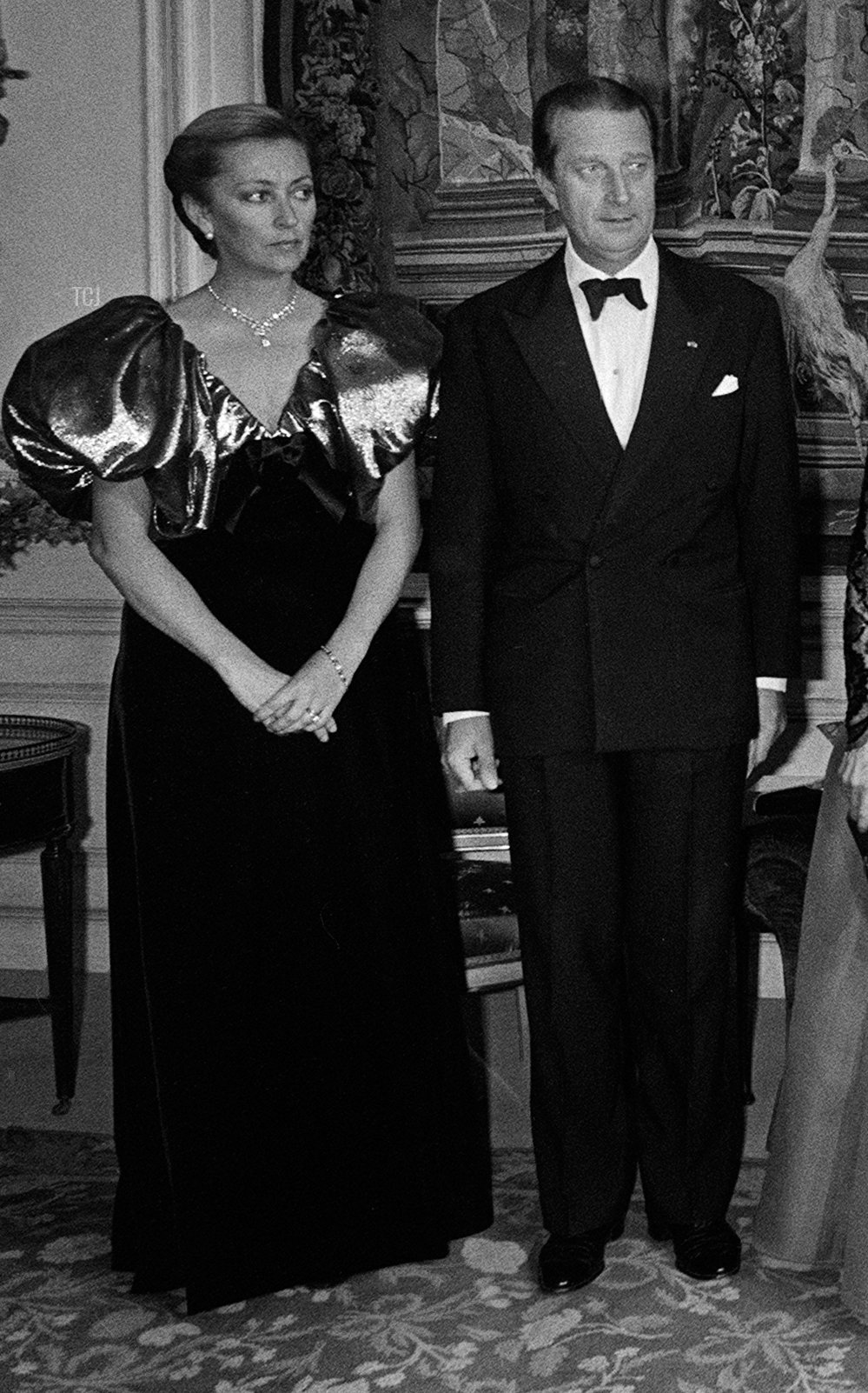 Princess Paola, Prince Albert (futur Albert II), Danielle Mitterrand, queen Fabiola of Belgium, François Mitterrand and King Baudouin of Belgium pose for the photocall, on October 14, 1983 at the reception in honor of French presidential couple's official visit to Brussels