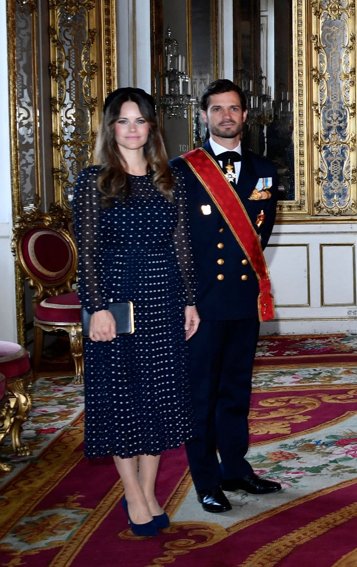 Sweden's Princess Sofia, Prince Carl Philip, wife of German President Elke Buedenbender, German President Frank-Walter Steinmeier, Sweden's King Carl Gustaf, Queen Silvia, Crown Princess Victoria and Prince Daniel pose for a picture during a welcoming ceremony at the Royal Palace in Stockholm, on September 7, 2021